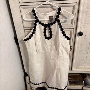 Taylor White Dress with Black Pom Pom Details